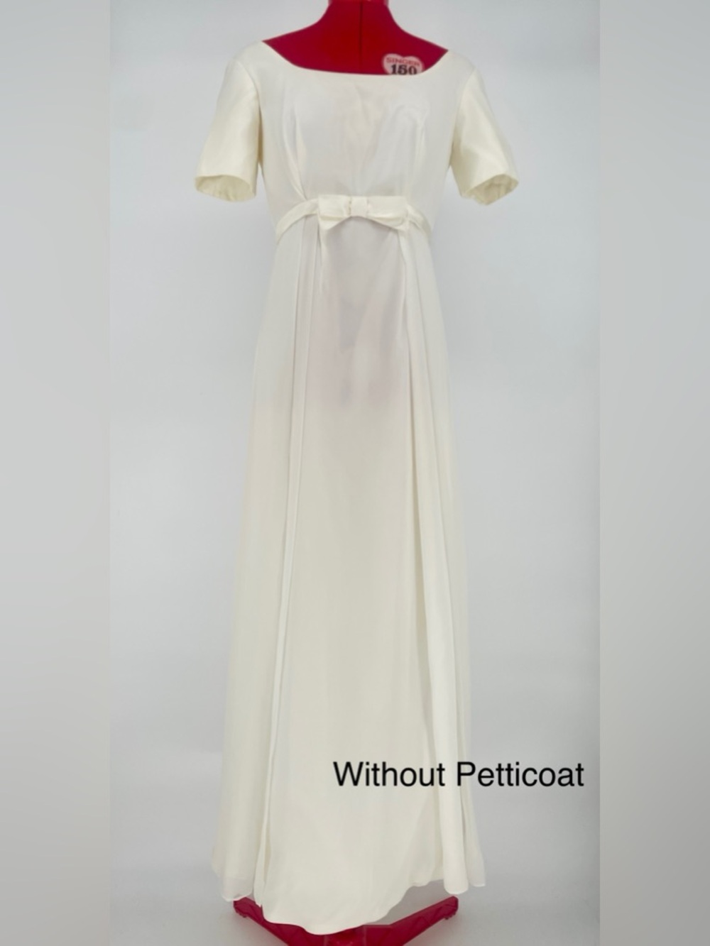 1960s Empire Waist Classic Short Sleeve Wedding Dress W/ Bow Waist & Petticoat - Picture 10 of 16